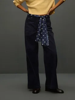 Navy Blue Cord Wide Leg Trousers With Scarf