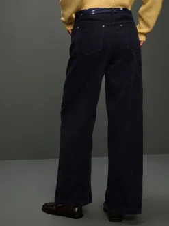 Navy Blue Cord Wide Leg Trousers With Scarf