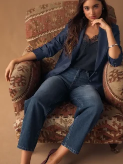 Navy Blue Denim Look Fitted Single Breasted Blazer