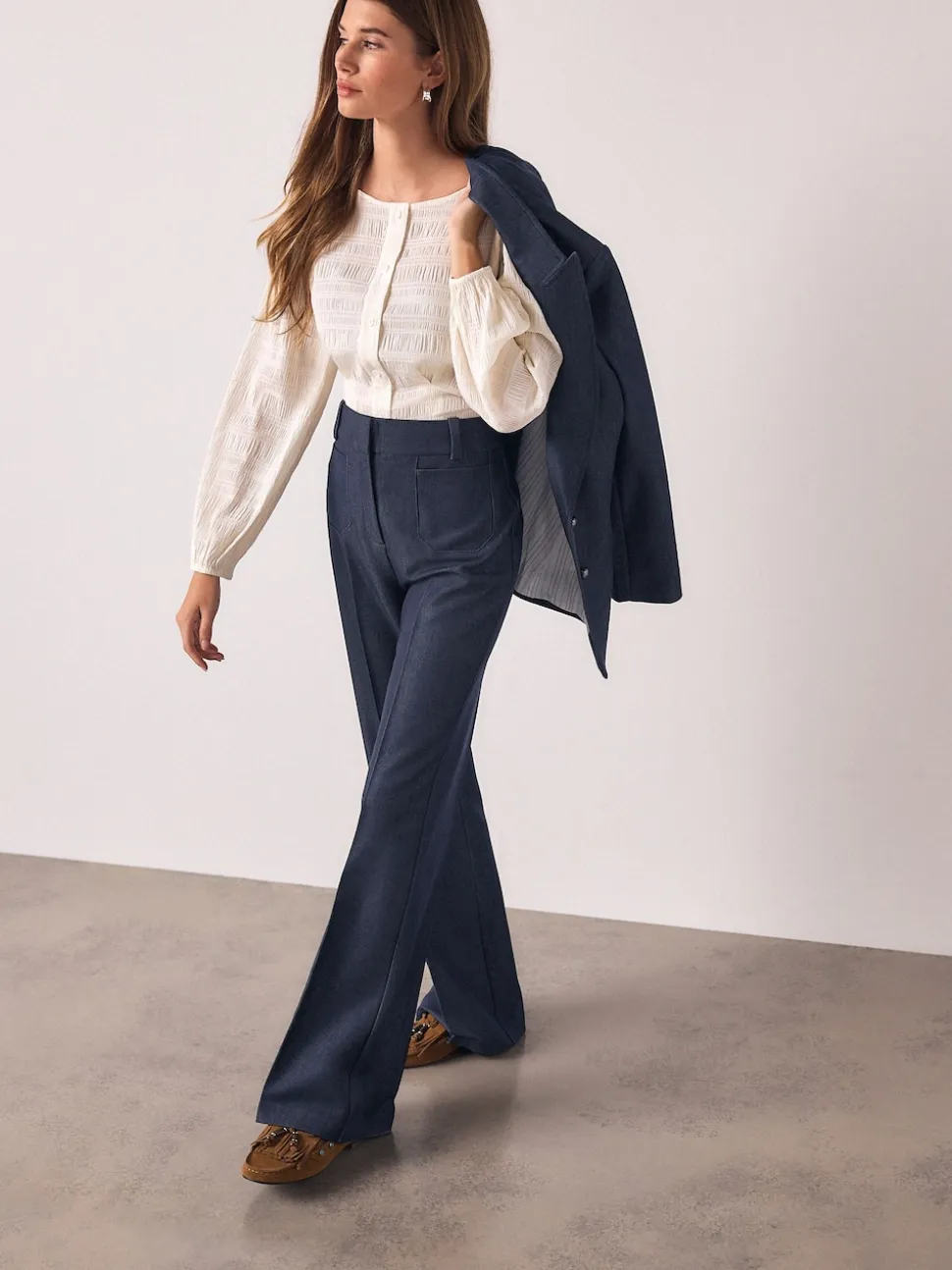 Navy Blue Denim Look Slim Flare Trousers