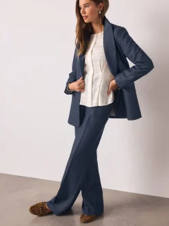 Navy Blue Denim Look Slim Flare Trousers