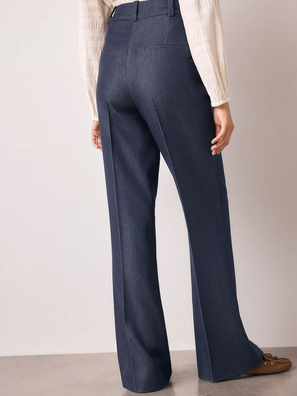Navy Blue Denim Look Slim Flare Trousers