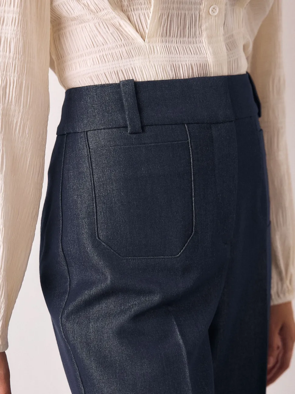 Navy Blue Denim Look Slim Flare Trousers