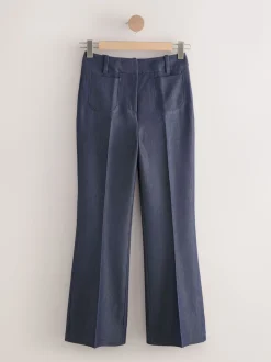 Navy Blue Denim Look Slim Flare Trousers