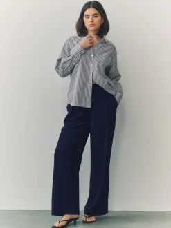 Navy Blue Elastic Back Wide Leg Trousers