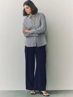 Navy Blue Elastic Back Wide Leg Trousers