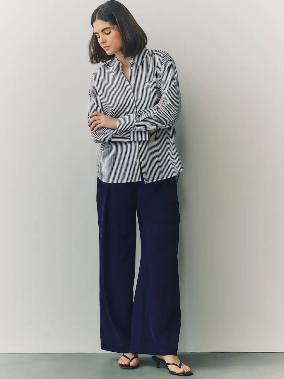 Navy Blue Elastic Back Wide Leg Trousers