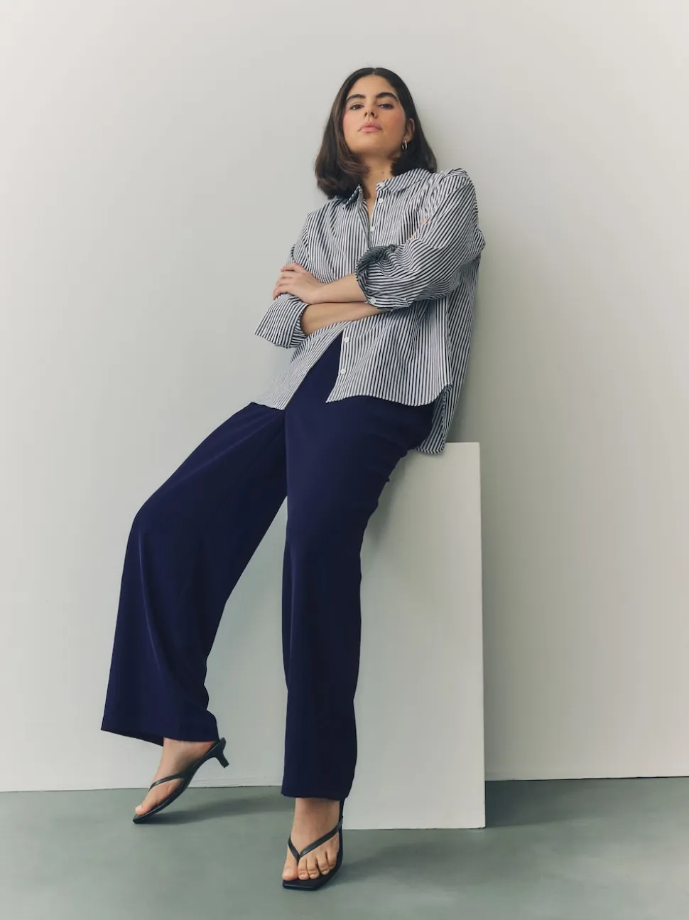 Navy Blue Elastic Back Wide Leg Trousers