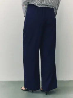 Navy Blue Elastic Back Wide Leg Trousers