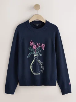 Navy Blue Floral Embellished Supersoft Crew Neck Long Sleeve Jumper