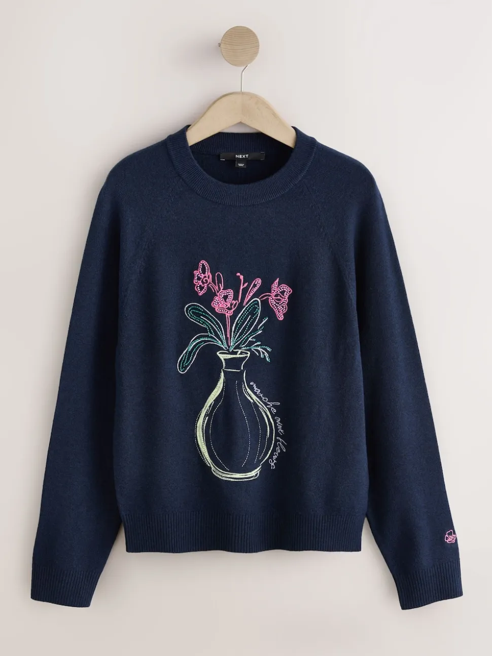 Navy Blue Floral Embellished Supersoft Crew Neck Long Sleeve Jumper