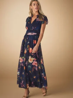 Navy Blue Floral Pleated Mesh Print V-Neck Occasion Maxi Dress