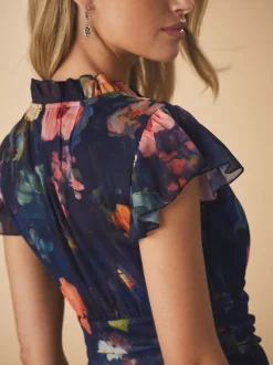 Navy Blue Floral Pleated Mesh Print V-Neck Occasion Maxi Dress