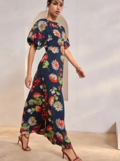 Navy Blue Floral Print Puff Sleeve Midi Dress