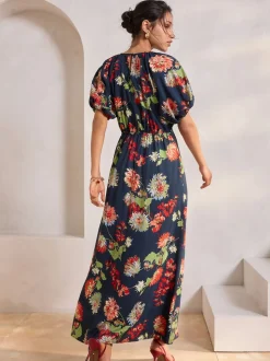 Navy Blue Floral Print Puff Sleeve Midi Dress