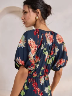 Navy Blue Floral Print Puff Sleeve Midi Dress
