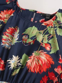 Navy Blue Floral Print Puff Sleeve Midi Dress