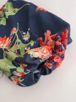 Navy Blue Floral Print Puff Sleeve Midi Dress