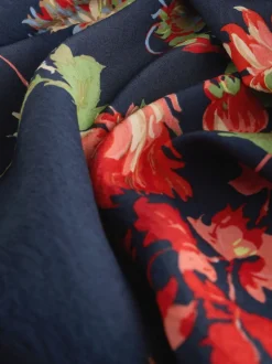 Navy Blue Floral Print Puff Sleeve Midi Dress