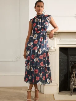 Navy Blue Floral Printed High Neck Tiered Occasion Maxi Dress