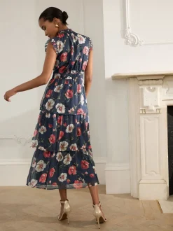 Navy Blue Floral Printed High Neck Tiered Occasion Maxi Dress