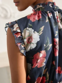 Navy Blue Floral Printed High Neck Tiered Occasion Maxi Dress