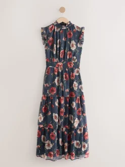 Navy Blue Floral Printed High Neck Tiered Occasion Maxi Dress