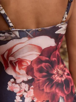 Navy Blue Floral Shaping Tummy Control Bandeau Swimsuit
