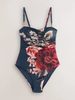 Navy Blue Floral Shaping Tummy Control Bandeau Swimsuit
