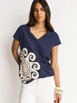 Navy Blue Graphic V-Neck Cap Sleeve T-Shirt