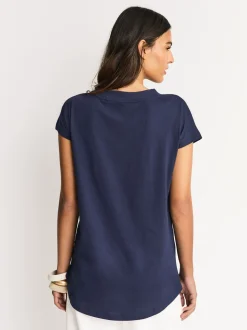 Navy Blue Graphic V-Neck Cap Sleeve T-Shirt