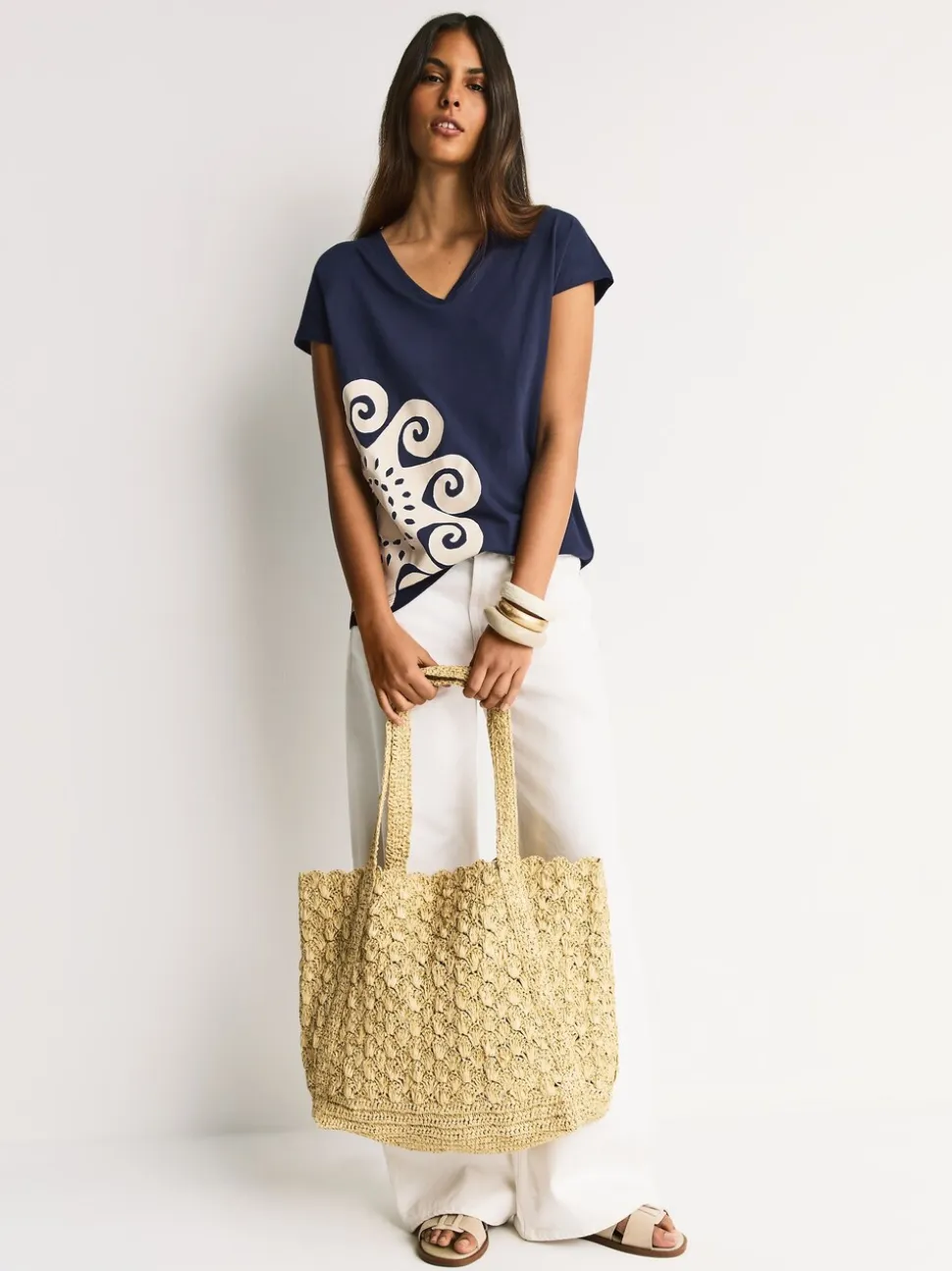Navy Blue Graphic V-Neck Cap Sleeve T-Shirt