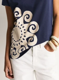 Navy Blue Graphic V-Neck Cap Sleeve T-Shirt