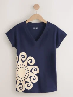Navy Blue Graphic V-Neck Cap Sleeve T-Shirt