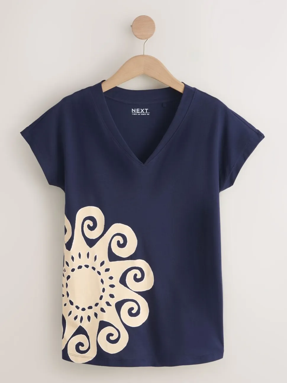 Navy Blue Graphic V-Neck Cap Sleeve T-Shirt