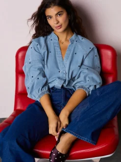 Navy Blue Heart Heart Embroidered V-Neck Puff Sleeve Denim Blouse