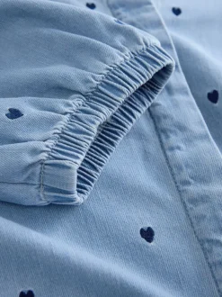 Navy Blue Heart Heart Embroidered V-Neck Puff Sleeve Denim Blouse