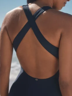 Navy Blue High Neck Lattice Tummy Control Swimsuit