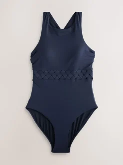 Navy Blue High Neck Lattice Tummy Control Swimsuit