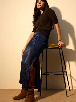 Navy Blue Jacquard Polka Dot Satin Skirt
