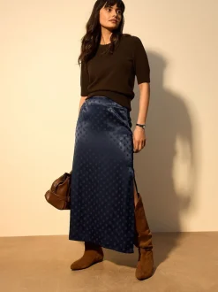Navy Blue Jacquard Polka Dot Satin Skirt