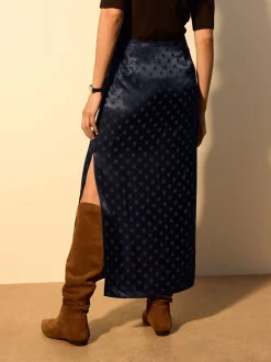 Navy Blue Jacquard Polka Dot Satin Skirt