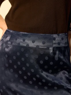 Navy Blue Jacquard Polka Dot Satin Skirt