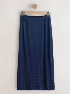 Navy Blue Jacquard Polka Dot Satin Skirt