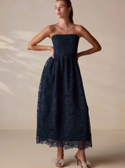 Navy Blue Lace Bandeau Midi Dress