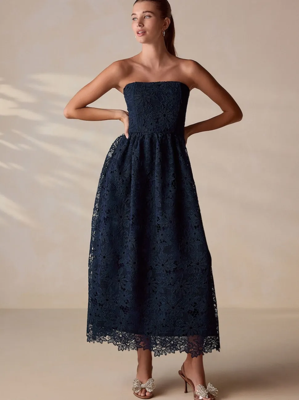 Navy Blue Lace Bandeau Midi Dress