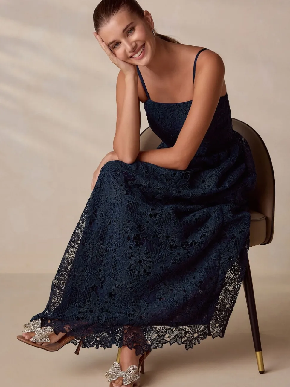 Navy Blue Lace Bandeau Midi Dress