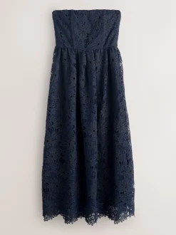 Navy Blue Lace Bandeau Midi Dress