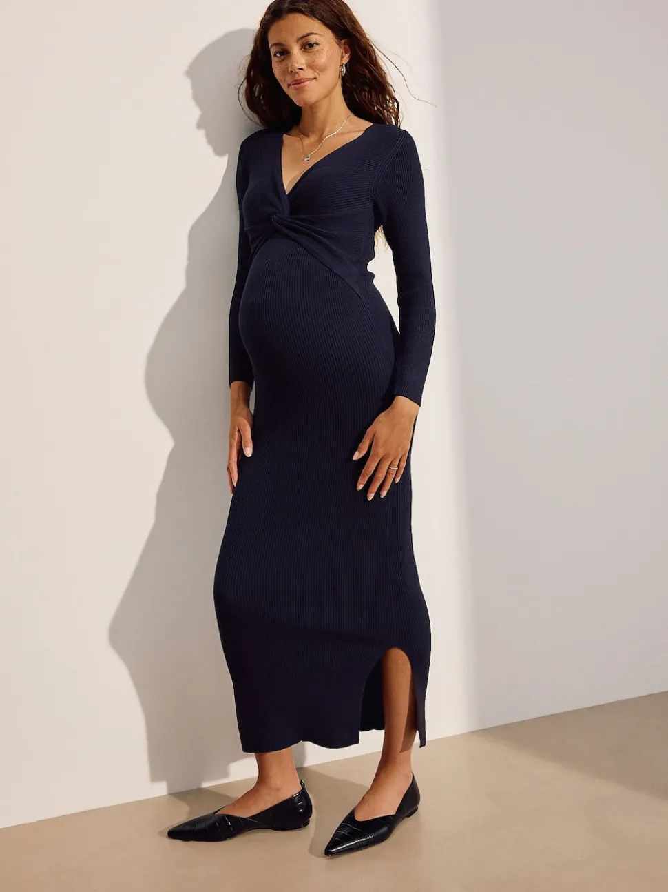Navy Blue Maternity Twist Front Knit Jumper Dress