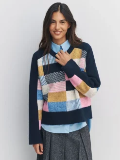 Navy Blue Multi Patched Crew Neck Knitted Jumper with Wool